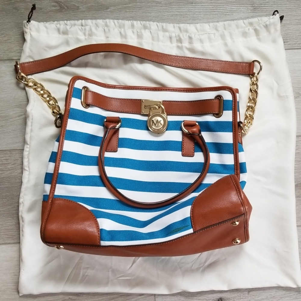 Blue and white striped Michael Kors bag